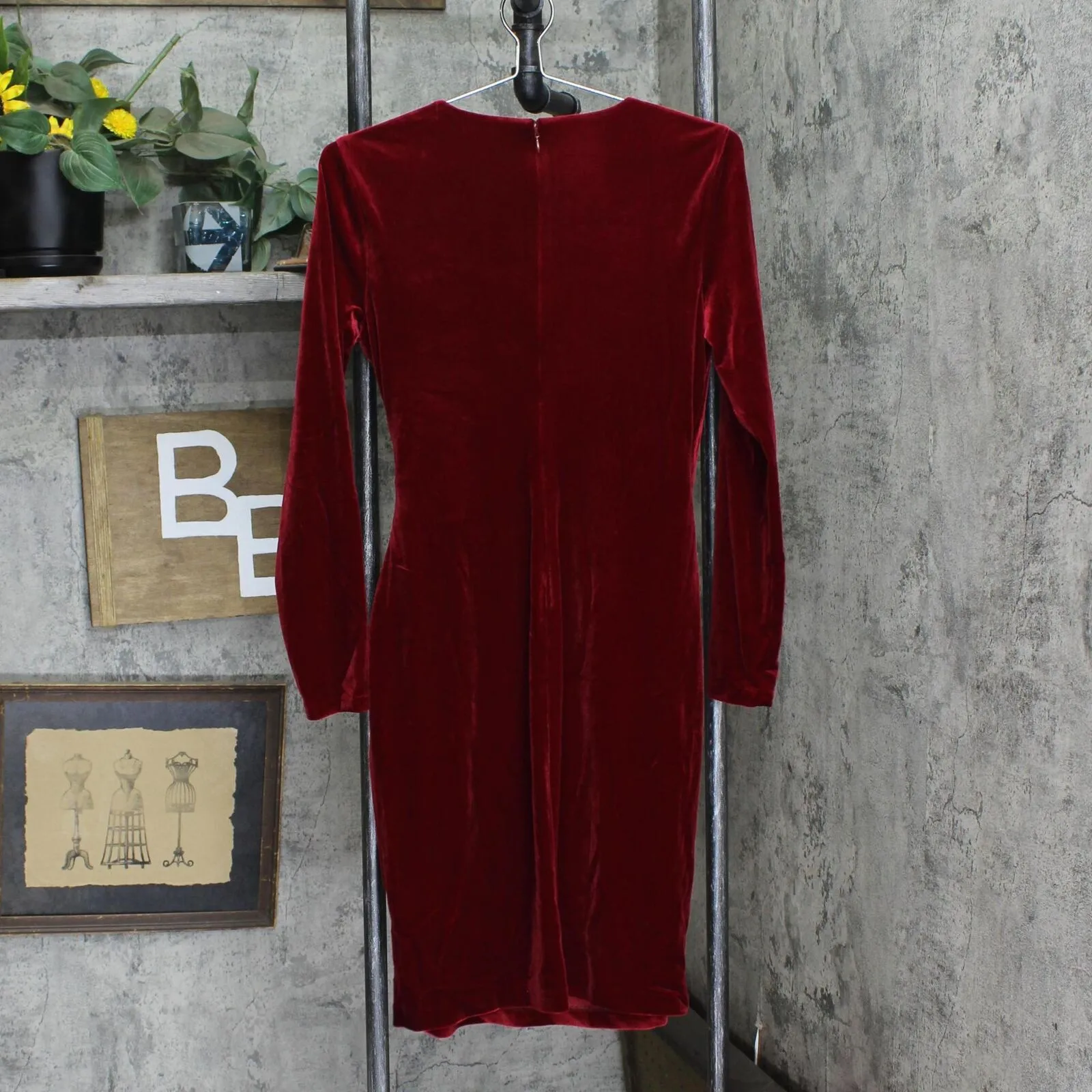 DKNY Womens L/S V-Neck Side Ruche Velvet Sheath Dress DD9IF965 Red 6
