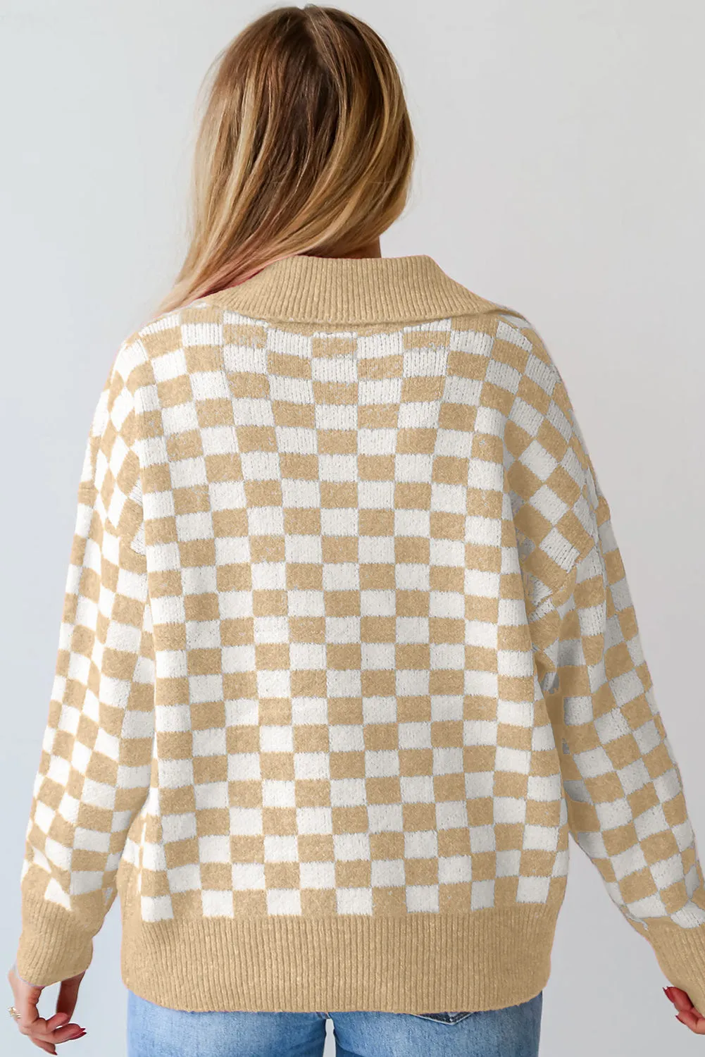 KaleaBoutique Checkered Buttons Collar V Neck Drop Shoulder Sweater