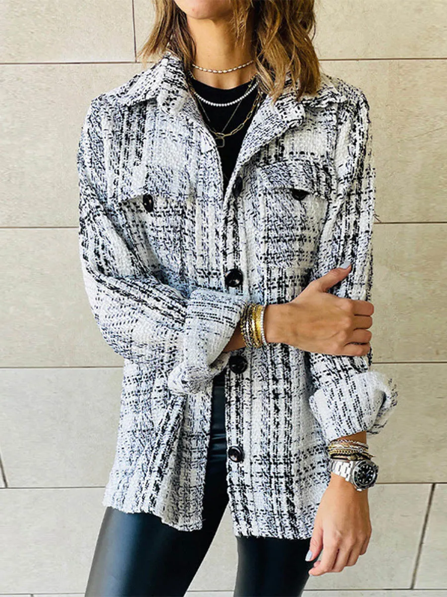 Stunncal Elegant Plaid Buttons Turndown Collar Outerwear